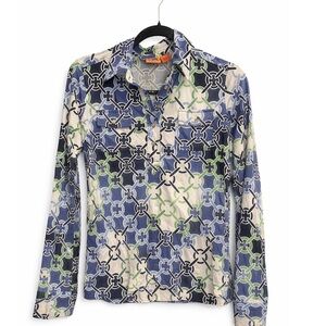 Tory Burch Blue/Green Geometric 1/4
Button Down Silk Trendy Top/Blouse Sz M